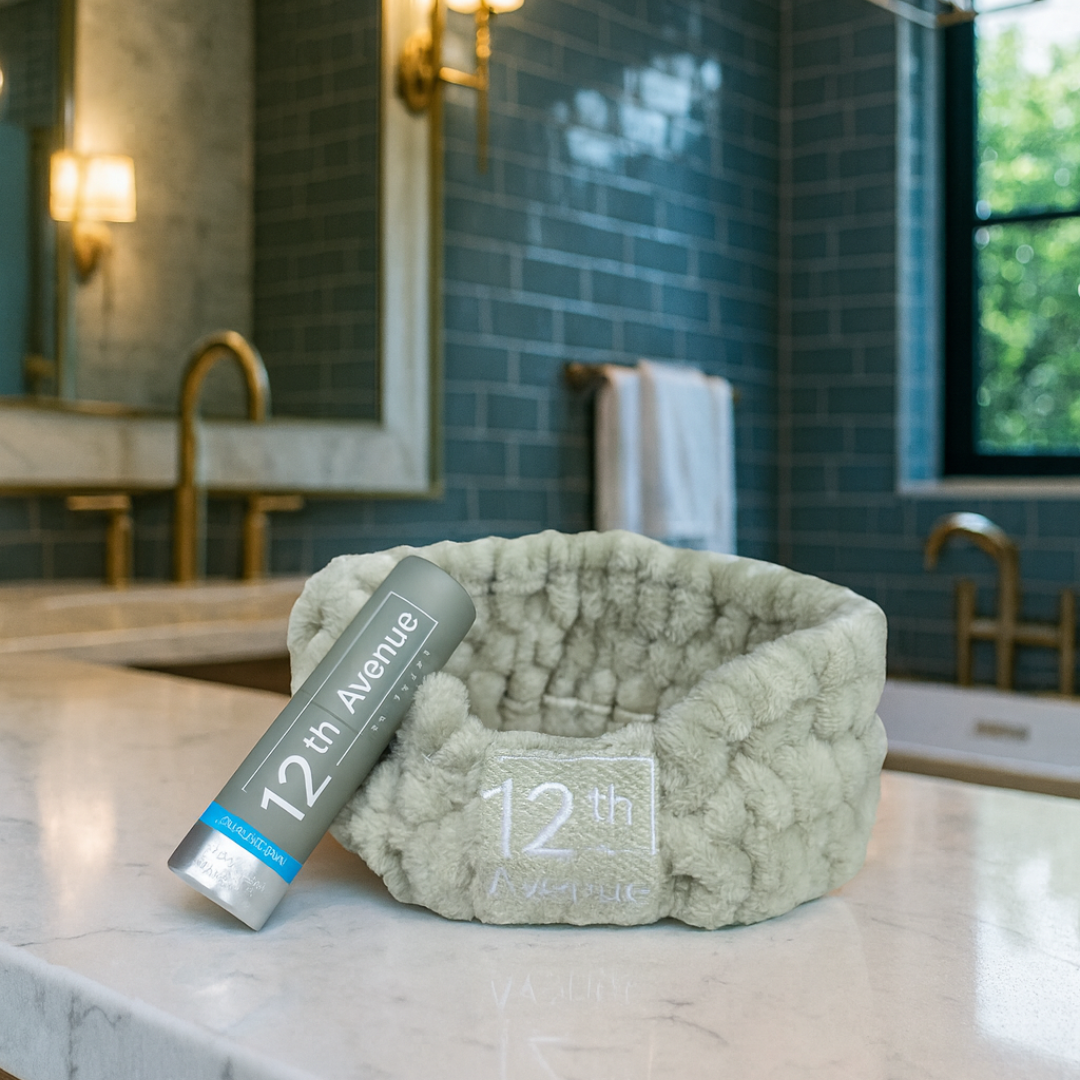 Green textured pet bed and '12th Avenue' product on a bathroom counter.